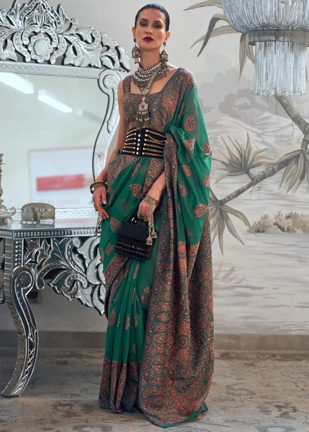 junglee green Woven Kashmiri Jamewar Silk Saree