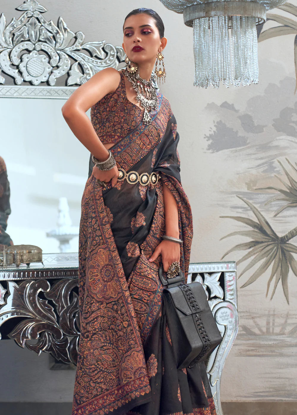 black brown Woven Kashmiri Jamewar Silk Saree