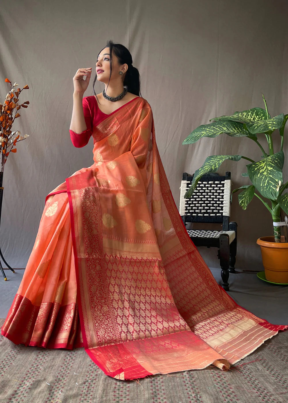 YAM ORANGE Linen  Banarasi Silk Saree