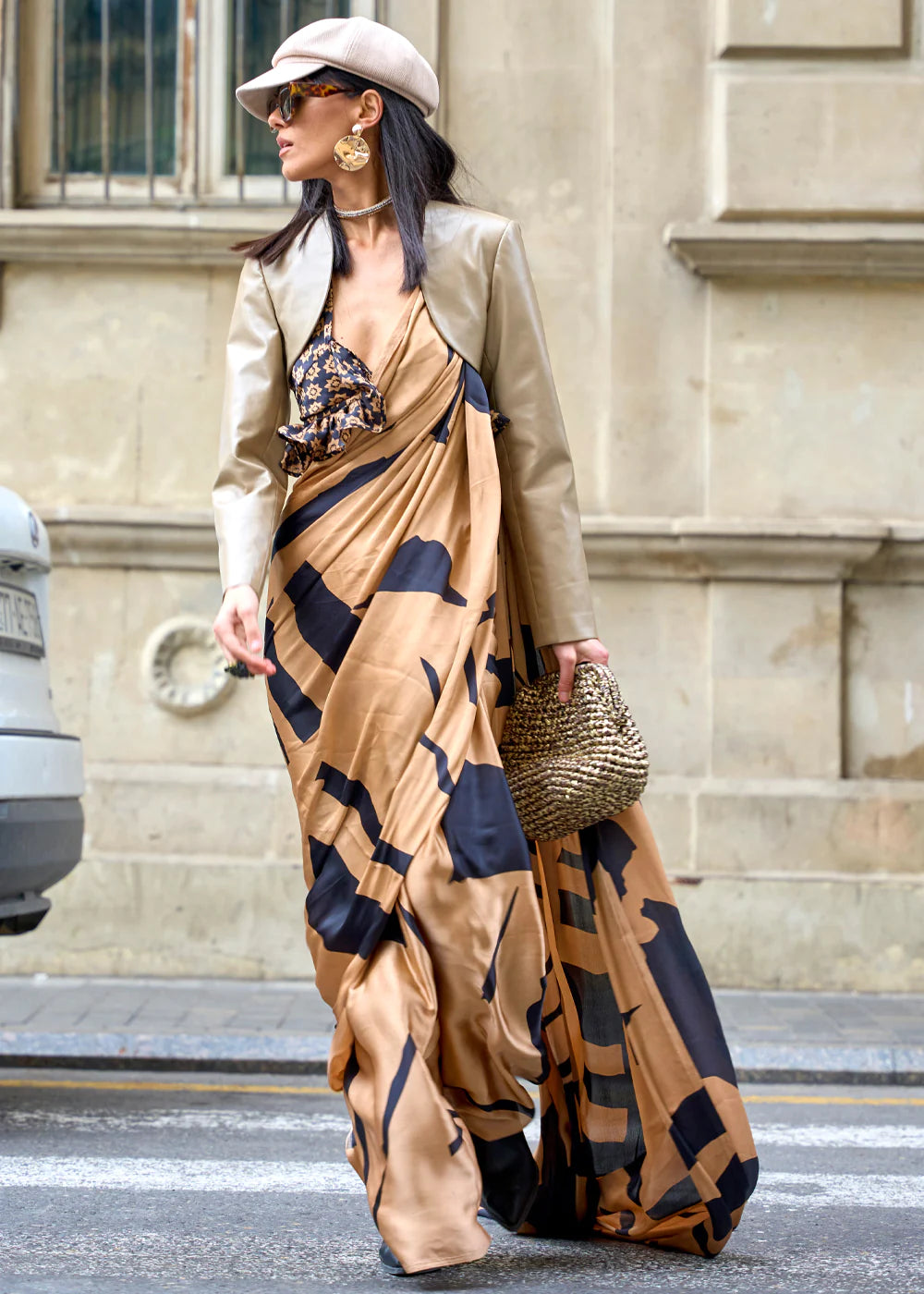 Brown DESIGNER SATIN SILK PRINTED SAREE