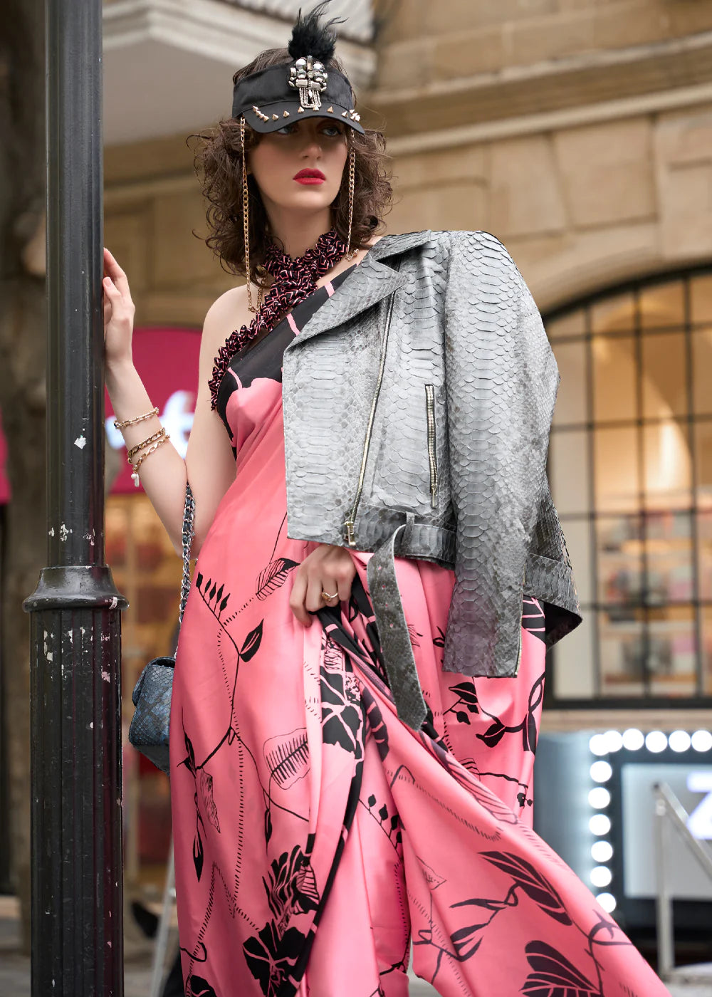 SWEET PINK DESIGNER SATIN SILK PRINTED SAREE