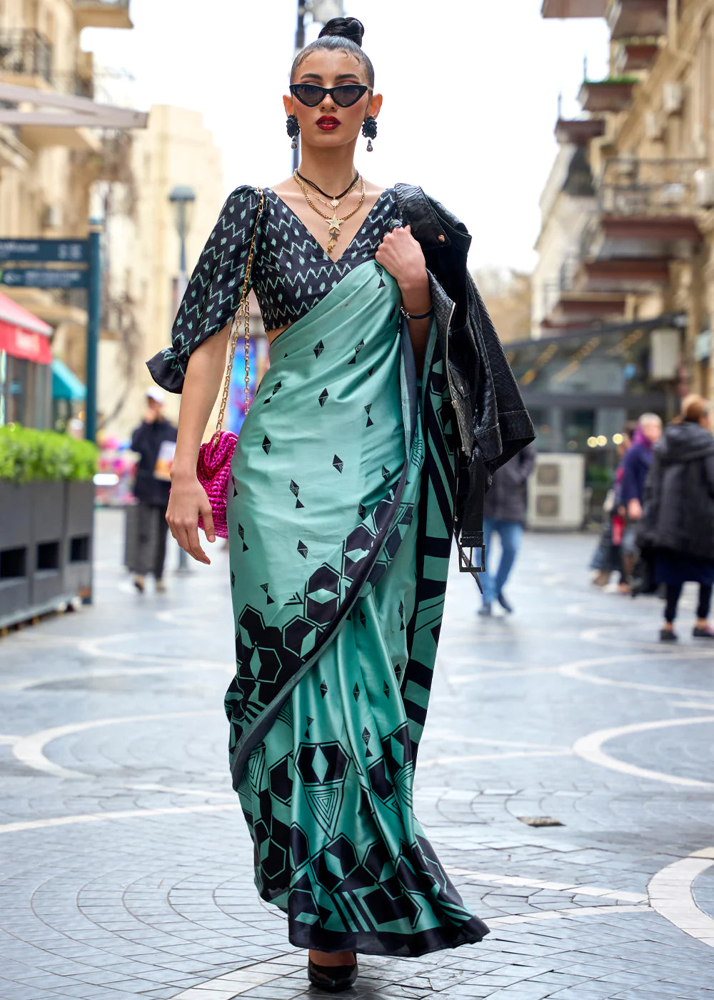 TEAL BLUE DESIGNER SATIN SILK PRINTED SAREE