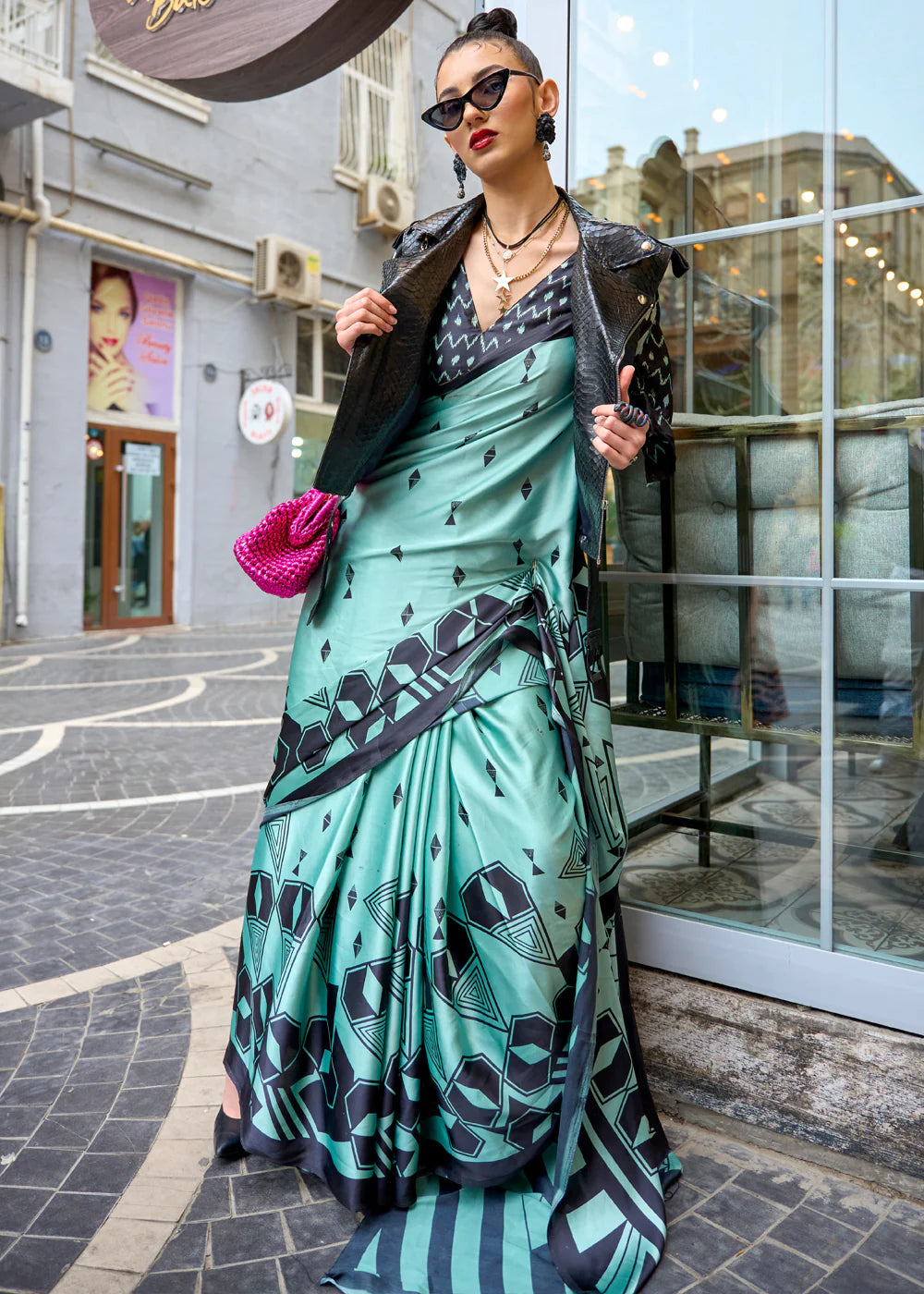 TEAL BLUE DESIGNER SATIN SILK PRINTED SAREE