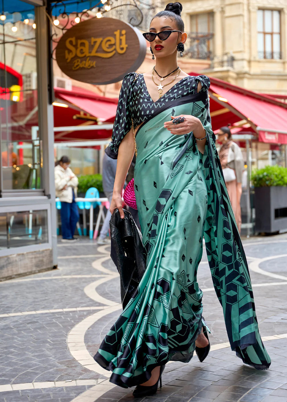 TEAL BLUE DESIGNER SATIN SILK PRINTED SAREE