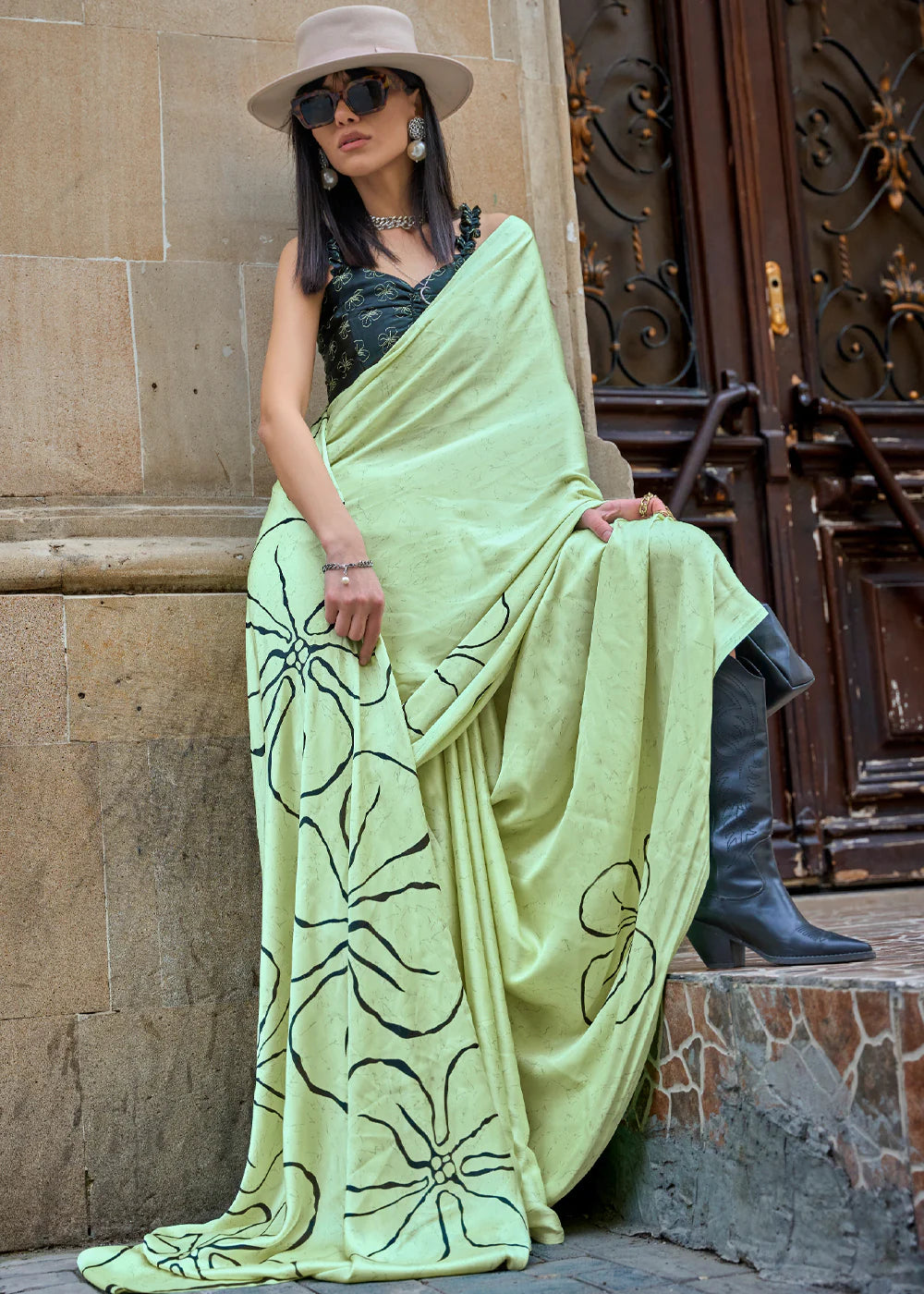 PEAR GREEN DESIGNER SATIN SILK PRINTED SAREE