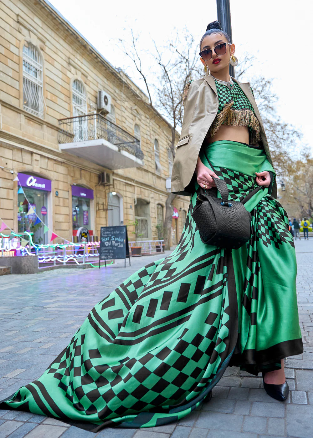 SLIME GREEN DESIGNER SATIN SILK PRINTED SAREE