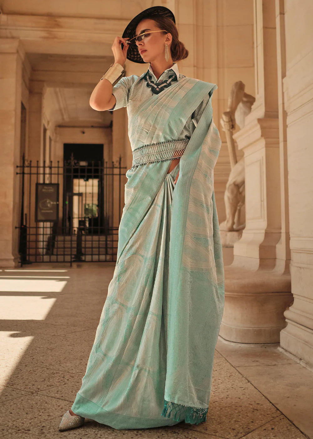 Malachite Green WOVEN SATIN SILK SAREE