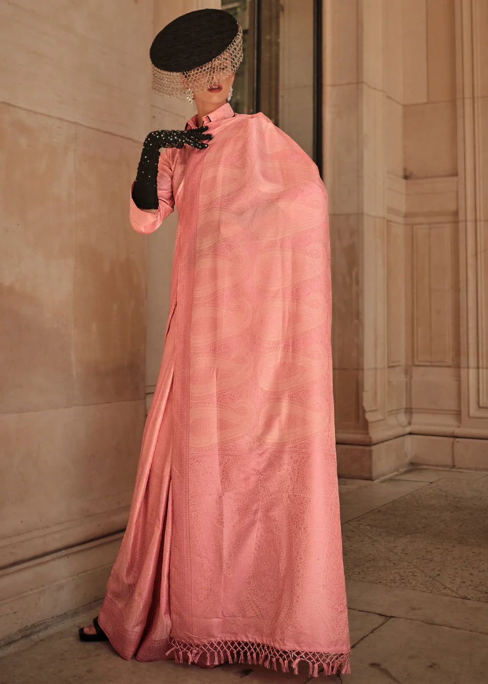 Watermelon Pink WOVEN SATIN SILK SAREE