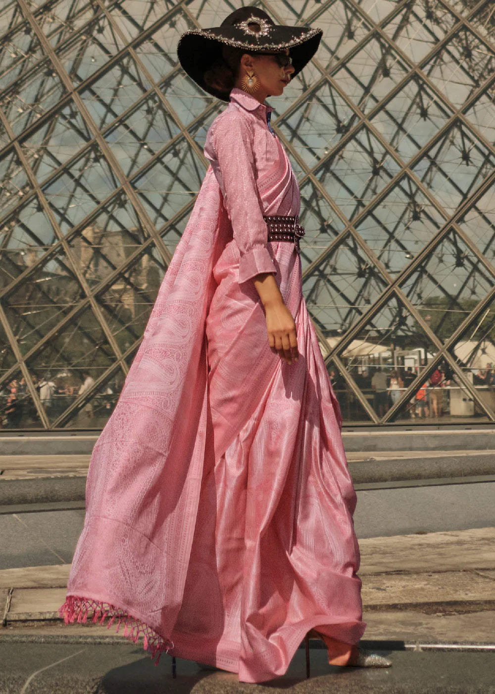 Rose Pink WOVEN SATIN SILK SAREE