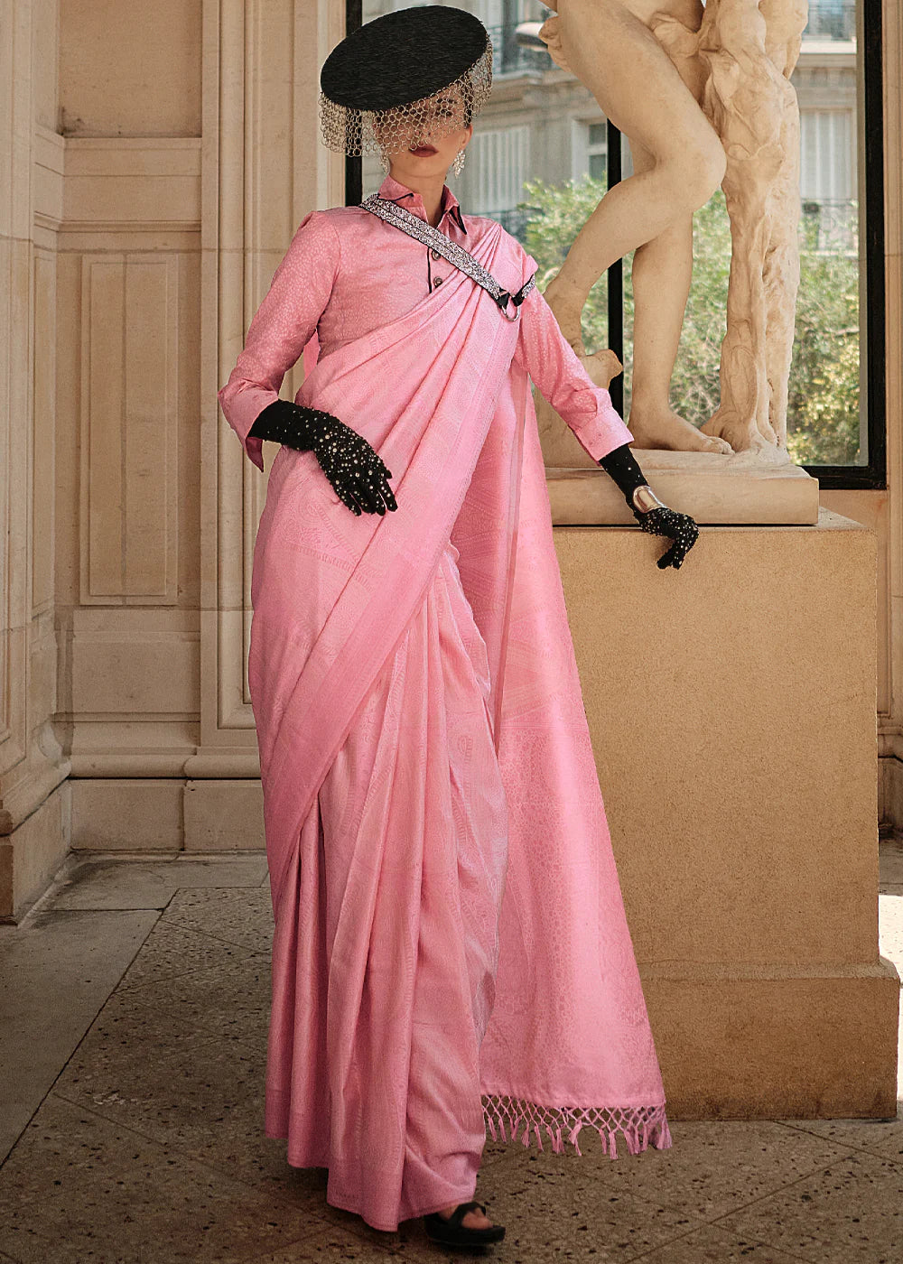 Rose Pink WOVEN SATIN SILK SAREE