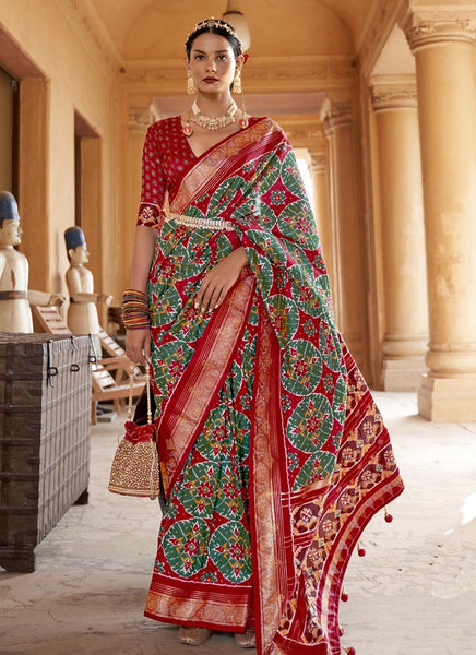 Glamorous Green And Red Color Saree For Party
