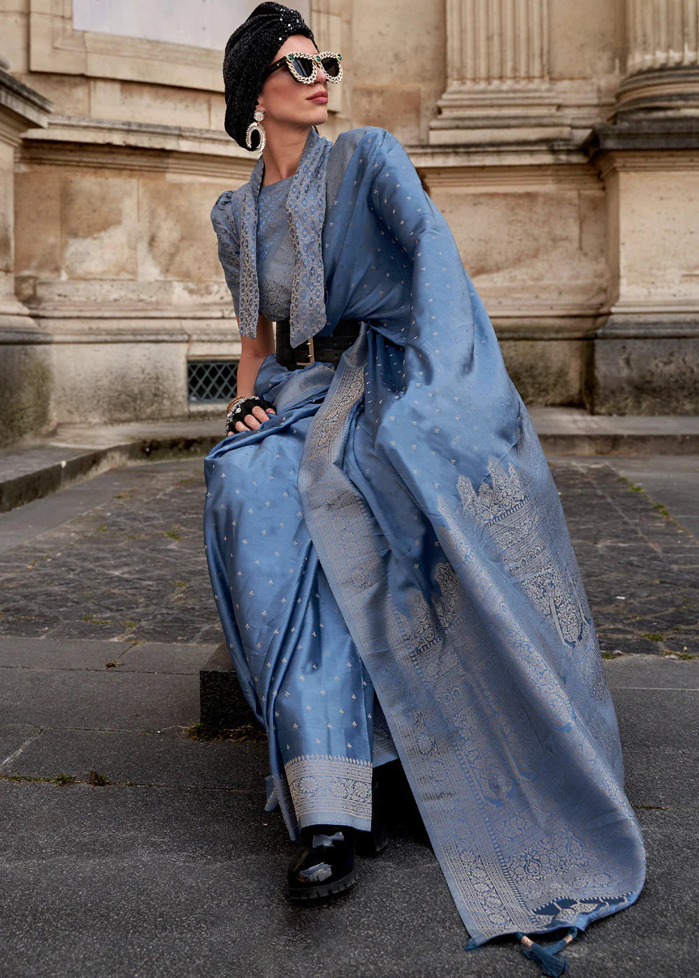 BLUE HANDLOOM WOVEN SATIN SILK SAREE