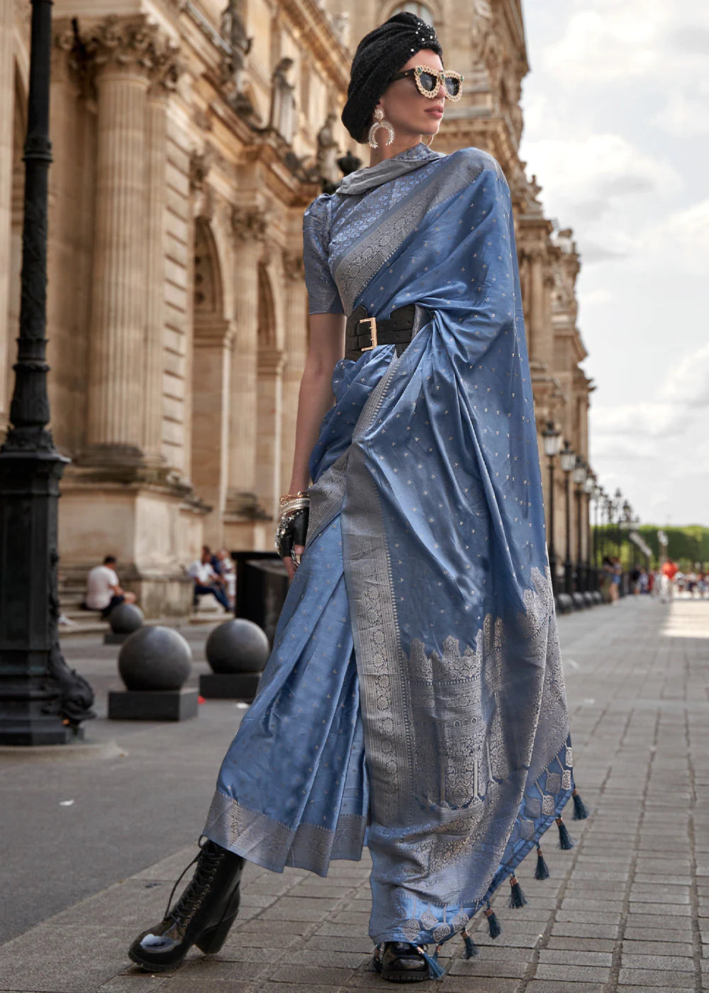 BLUE HANDLOOM WOVEN SATIN SILK SAREE