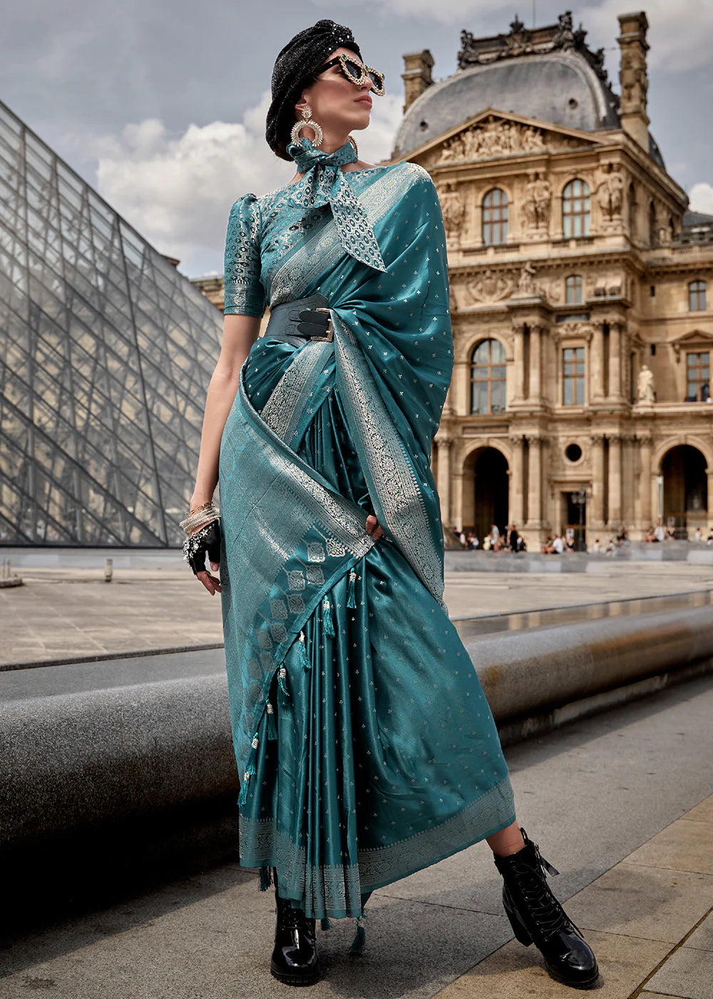 SPACE BLUE HANDLOOM WOVEN SATIN SILK SAREE