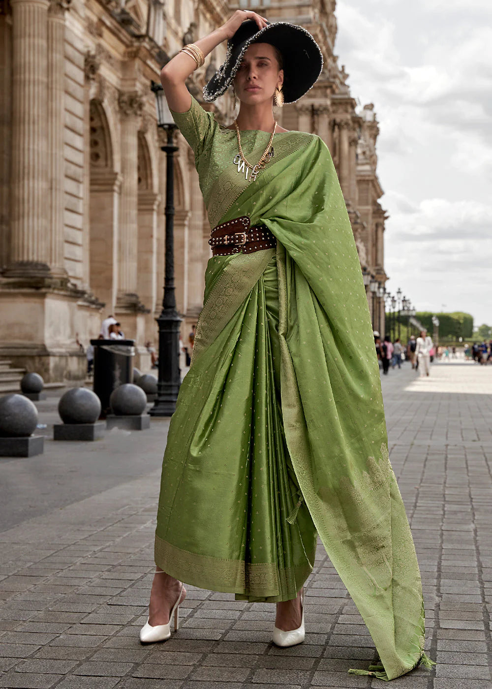 CARIBBEAN GREEN HANDLOOM WOVEN SATIN SILK SAREE