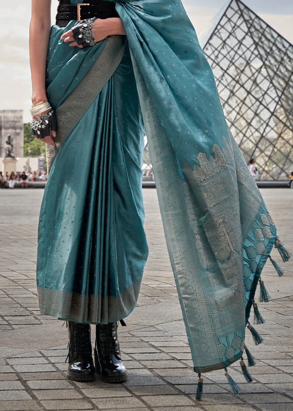 TEAL BLUE HANDLOOM WOVEN SATIN SILK SAREE