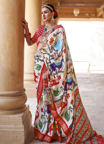 Fabulous White And Red Color Traditional Saree