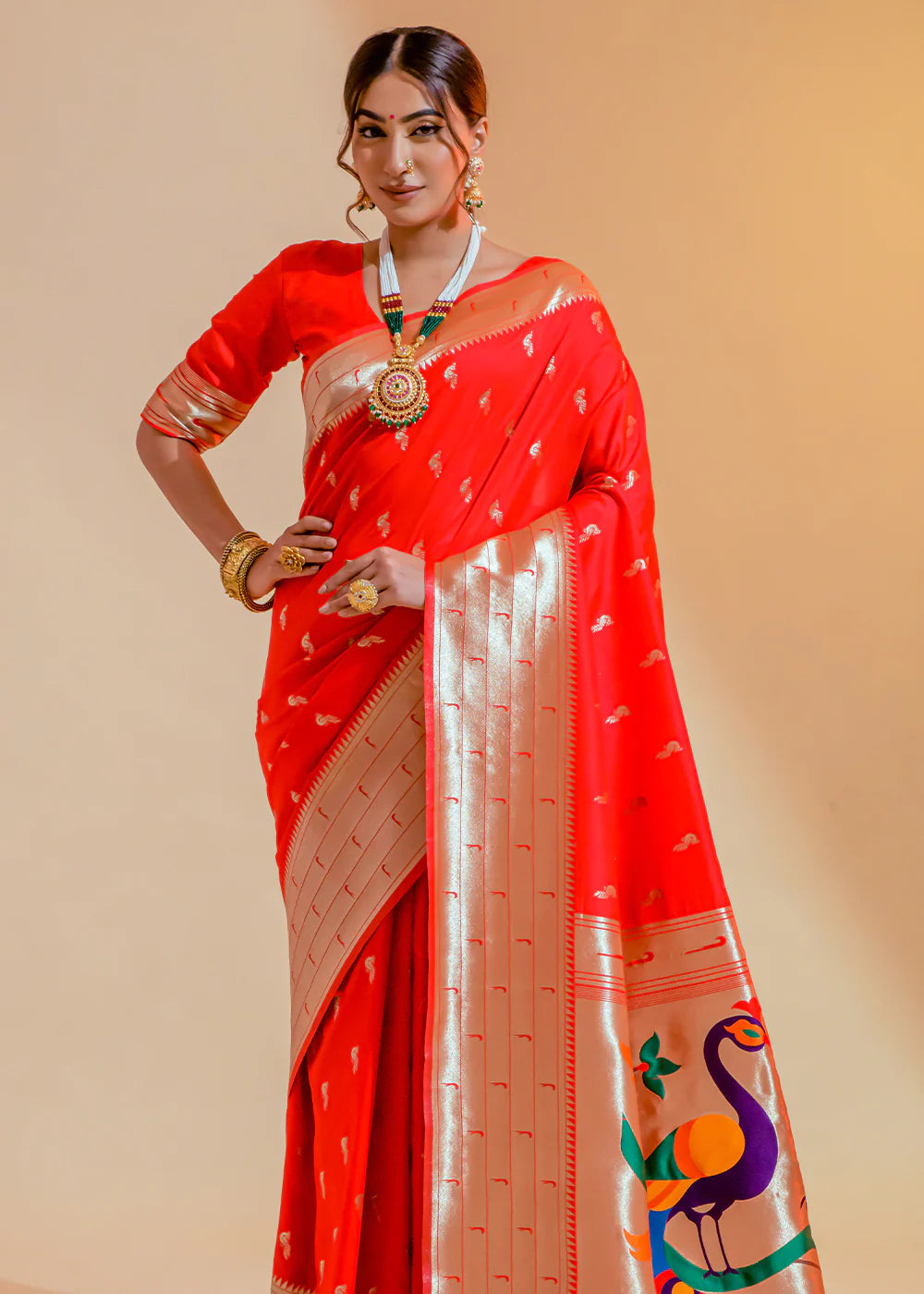 Shine Orange WOWEN paithani Silk Saree