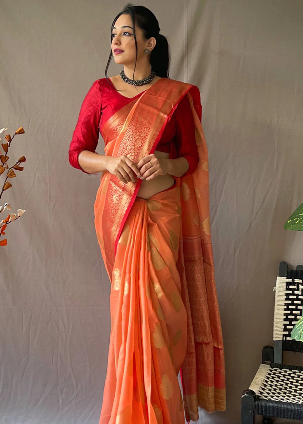 YAM ORANGE Linen  Banarasi Silk Saree