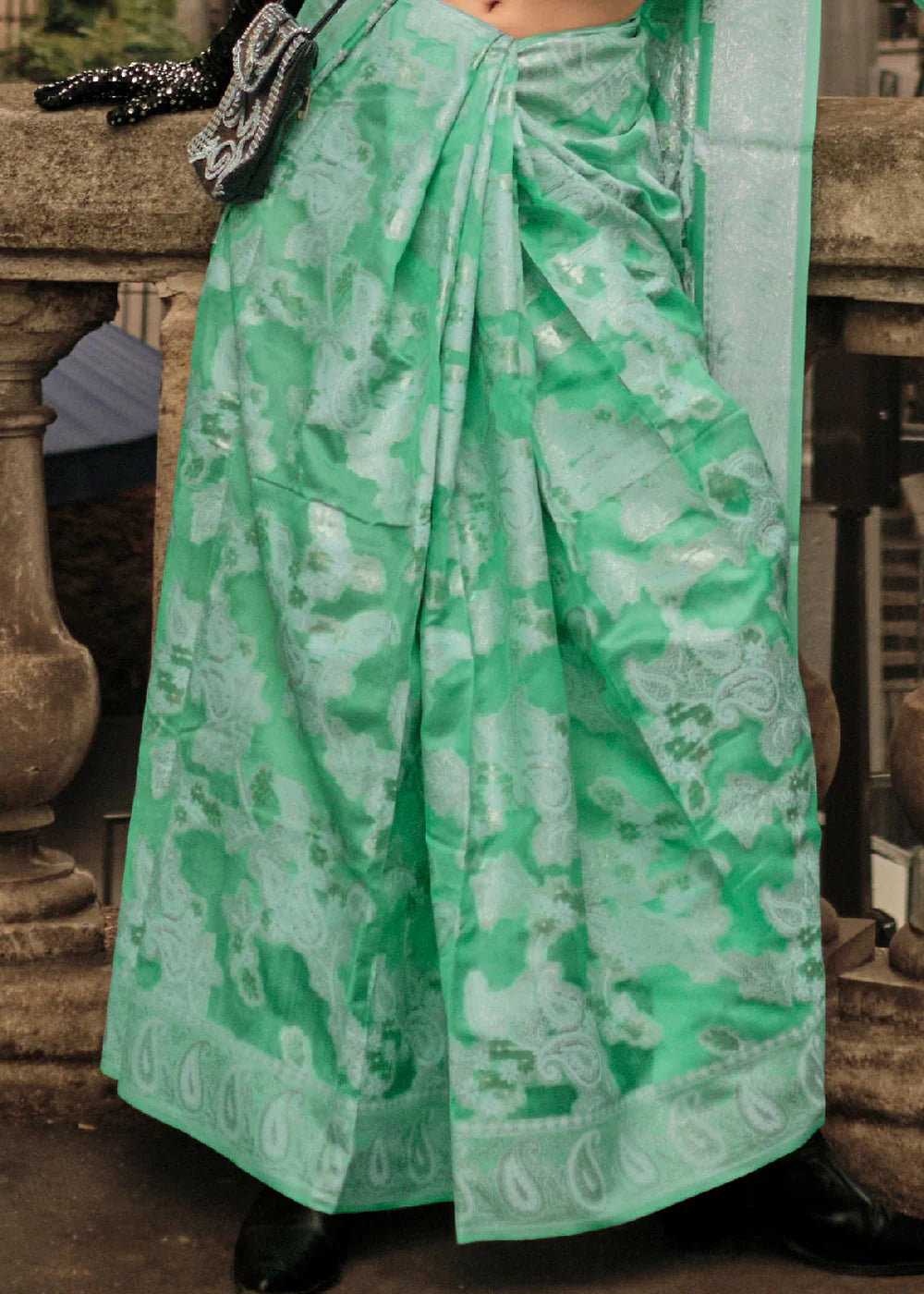 CYAN GREEN HANDLOOM WOVEN ORGANZA SILK SAREE