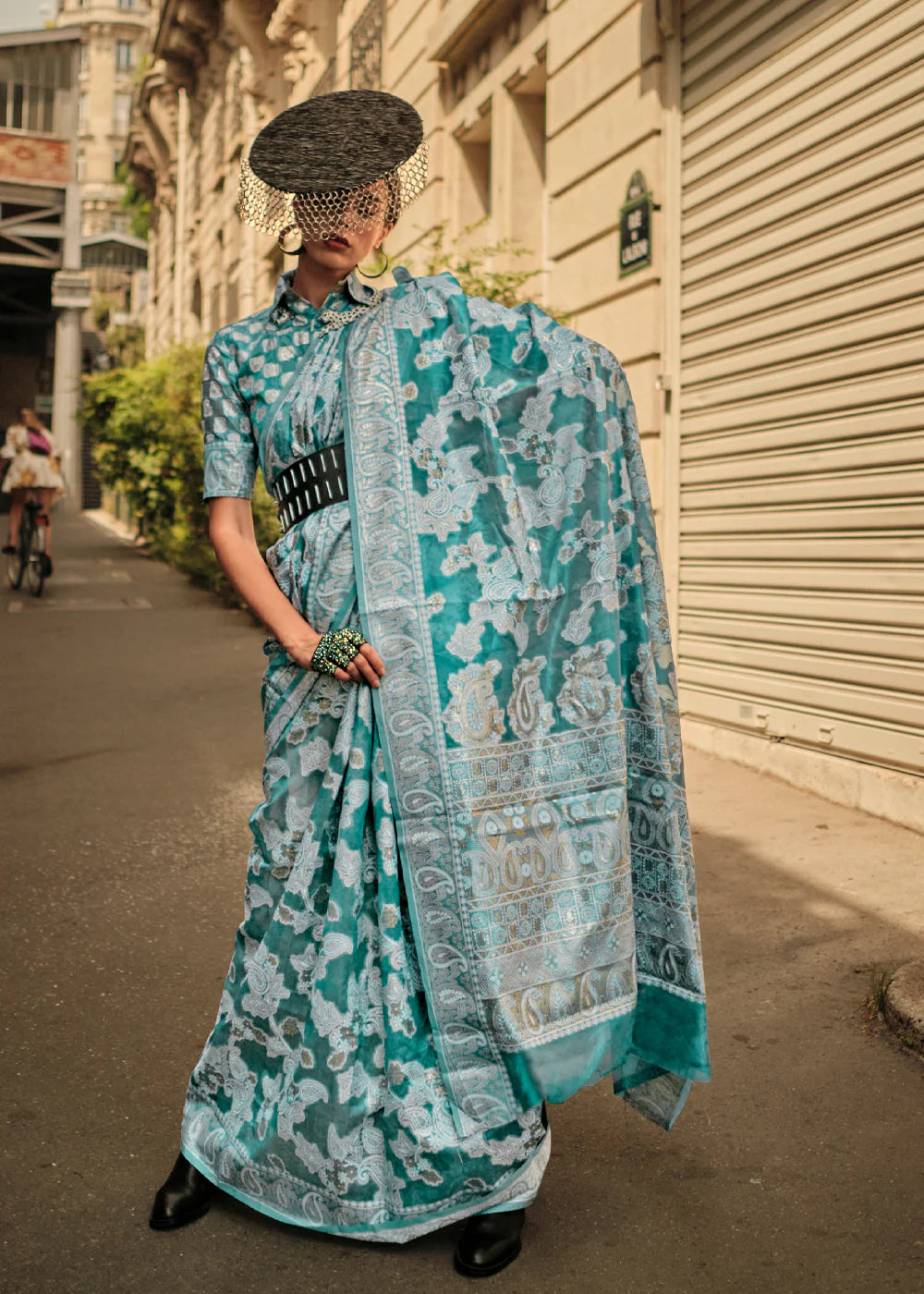 AQWA GREEN HANDLOOM WOVEN ORGANZA SILK SAREE