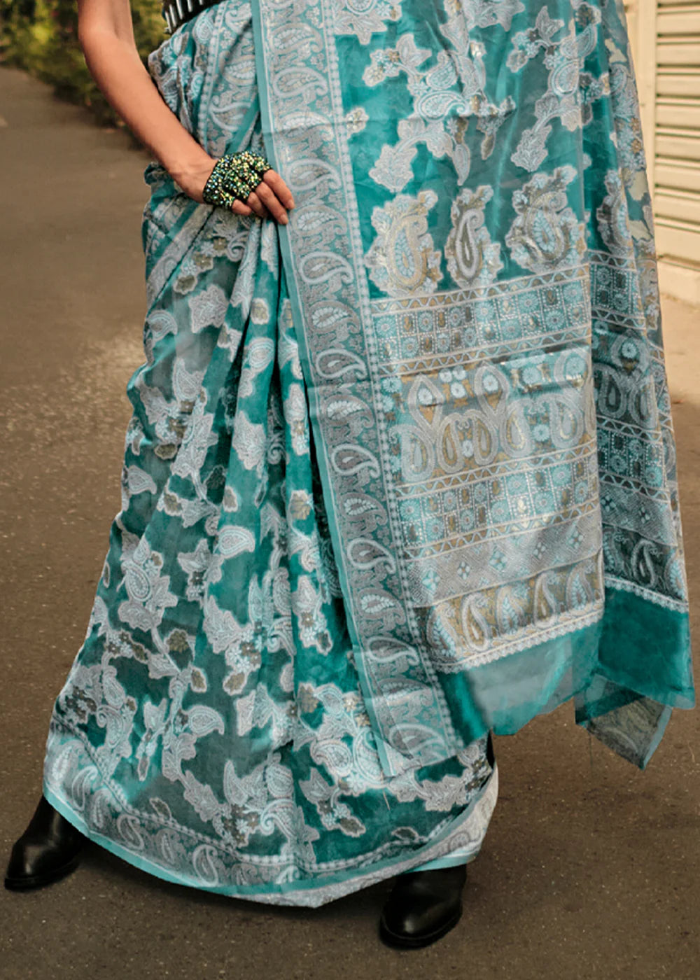 AQWA GREEN HANDLOOM WOVEN ORGANZA SILK SAREE