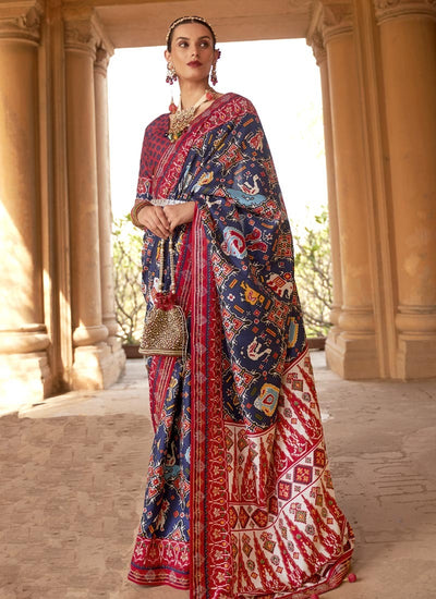 Pretty Navy Blue And Red Color Saree For Wedding