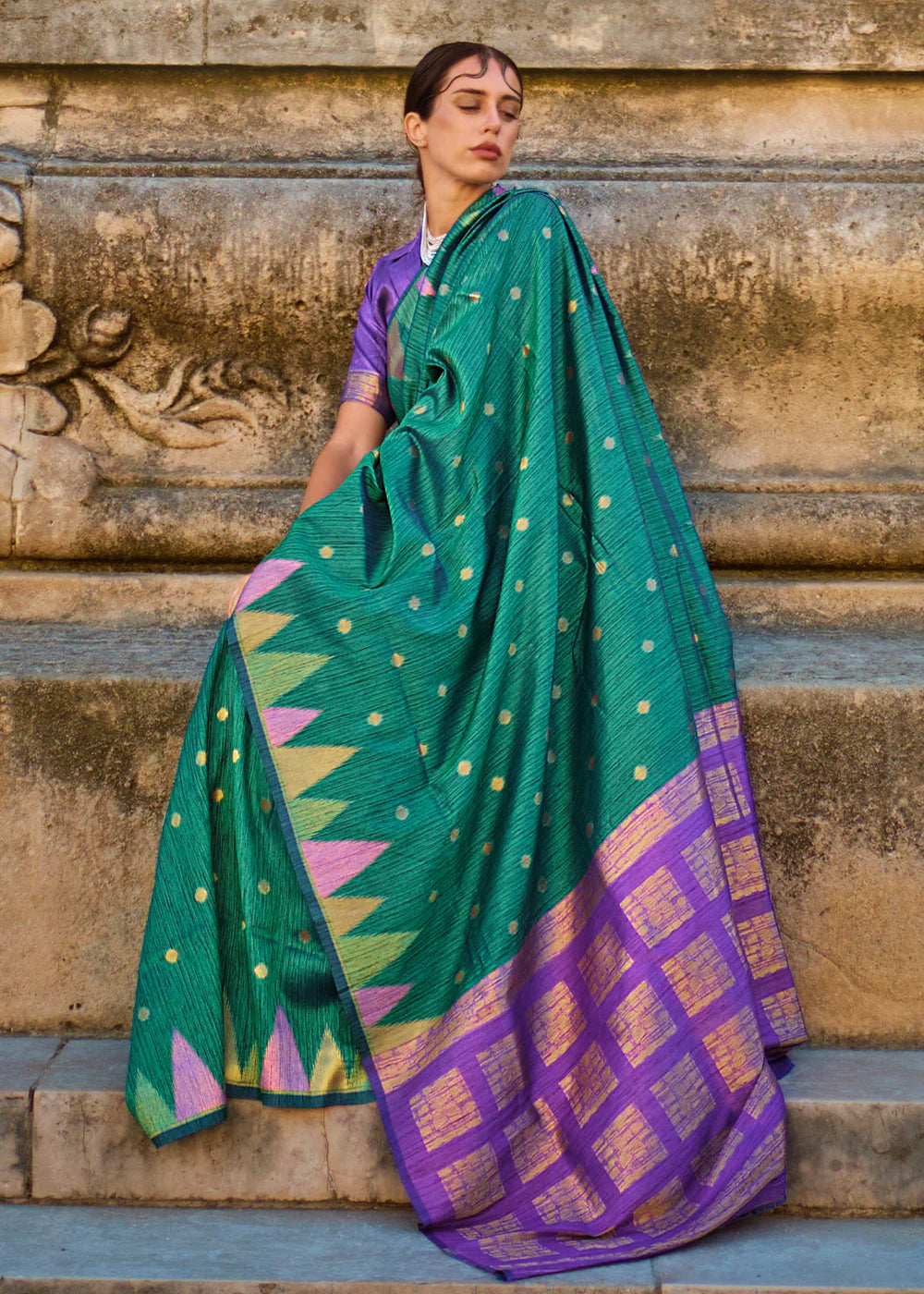 CARIBBEAN GREEN HANDLOOM WOVEN KHADI SILK SAREE