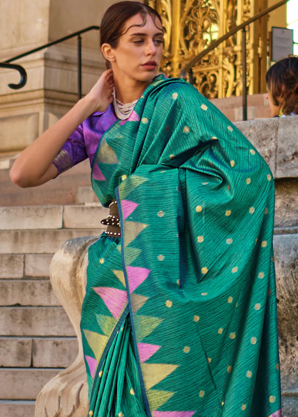 CARIBBEAN GREEN HANDLOOM WOVEN KHADI SILK SAREE