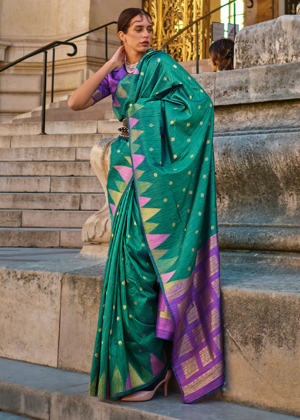 CARIBBEAN GREEN HANDLOOM WOVEN KHADI SILK SAREE