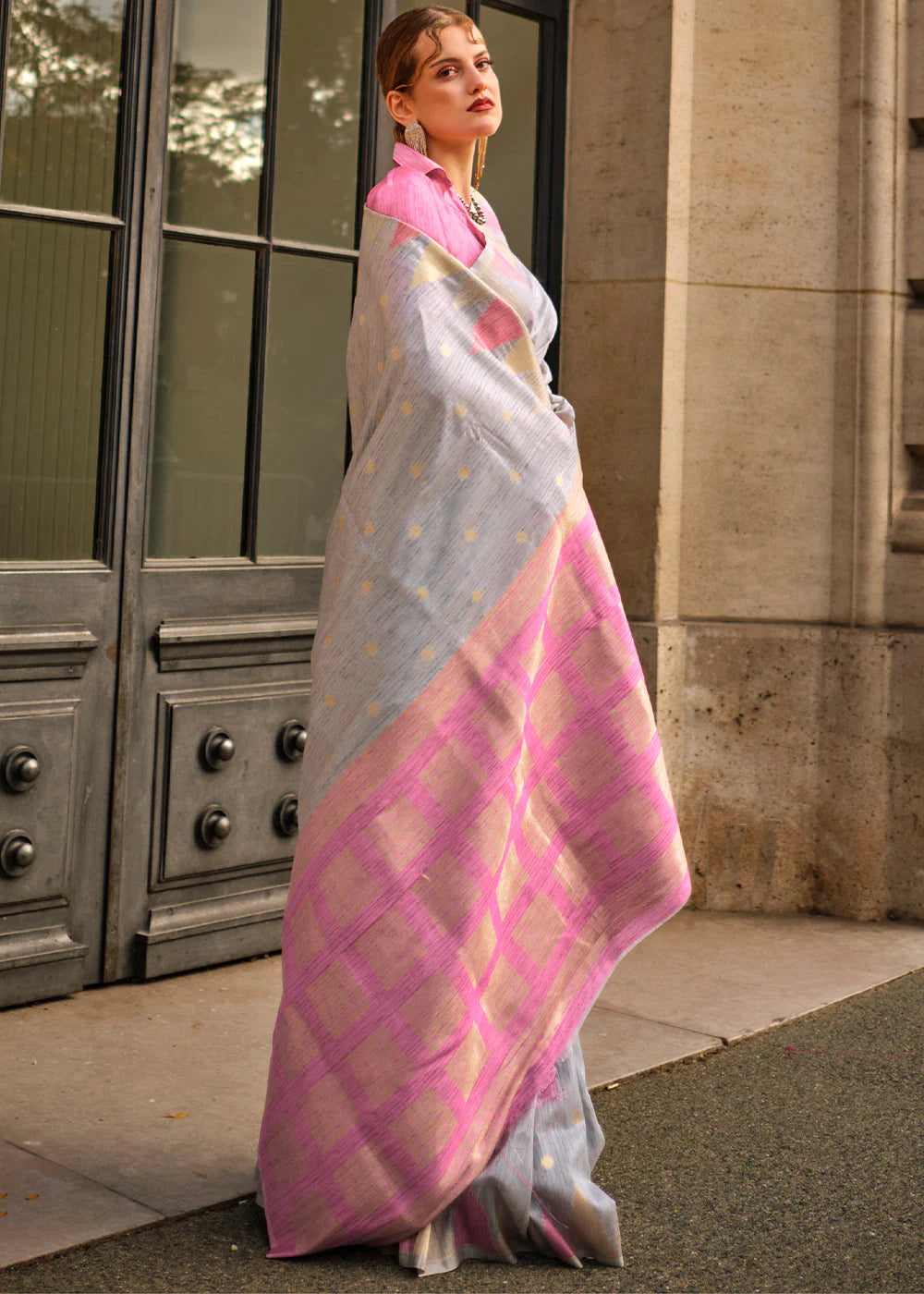 STONE GREY & PINK HANDLOOM WOVEN KHADI SILK SAREE