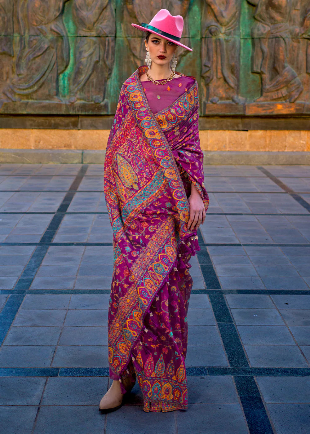 PLUM PURPLE Organza kashmiri handloom weaving SAREE