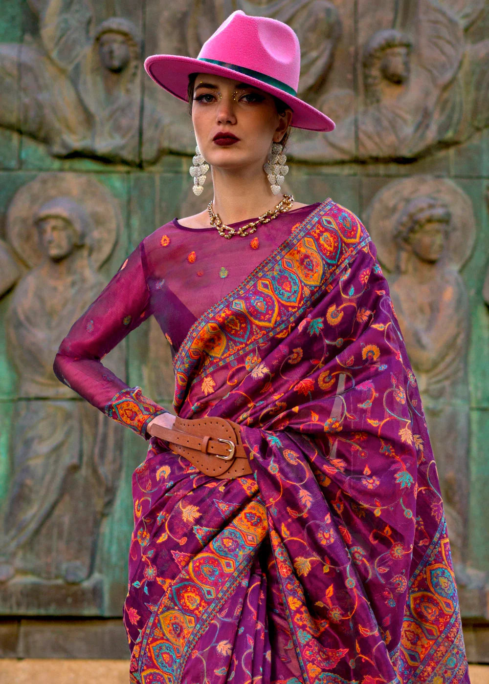 PLUM PURPLE Organza kashmiri handloom weaving SAREE