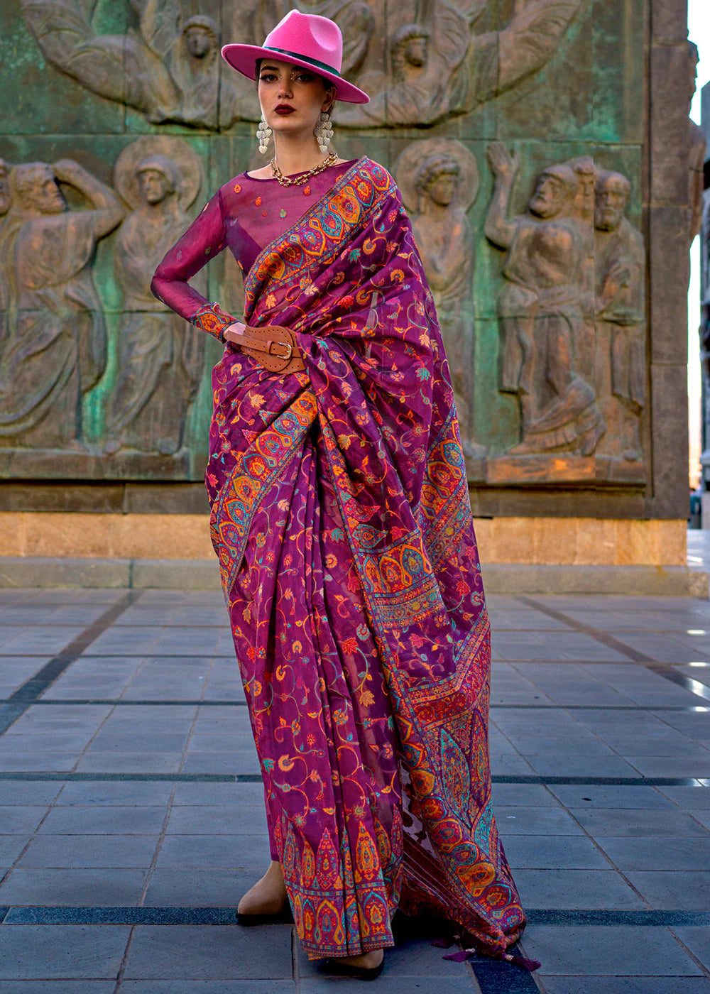 PLUM PURPLE Organza kashmiri handloom weaving SAREE