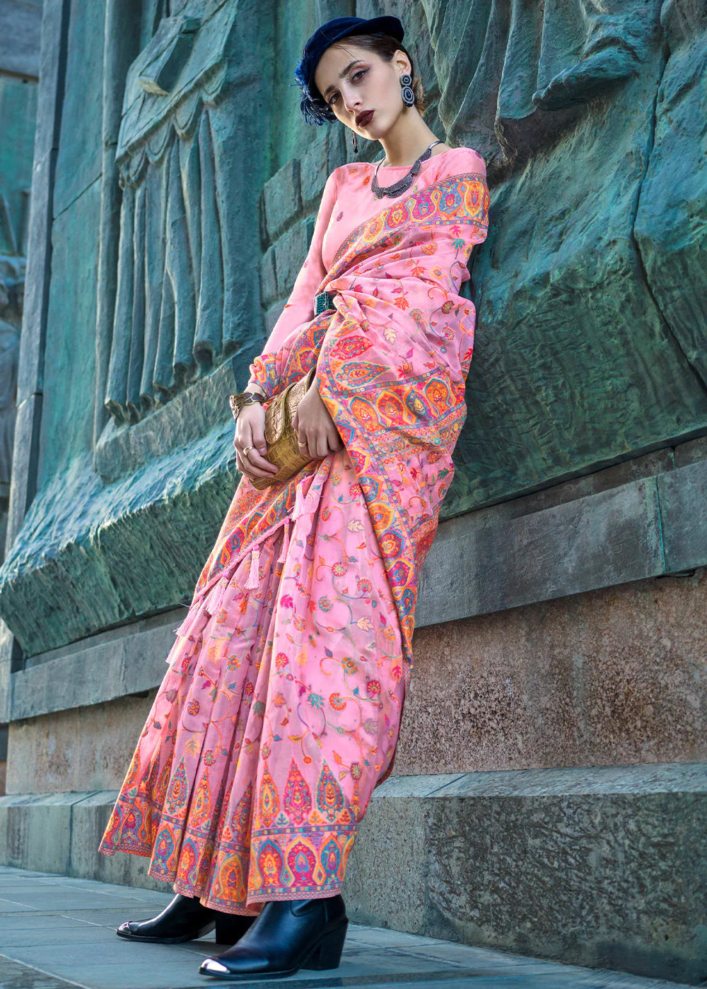 LAVENDER PINK Organza kashmiri handloom weaving SAREE