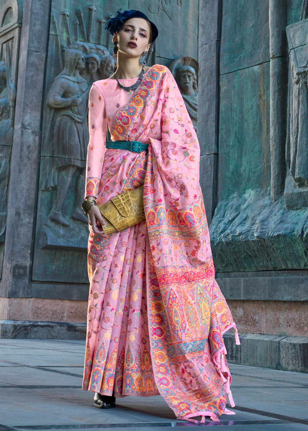 LAVENDER PINK Organza kashmiri handloom weaving SAREE