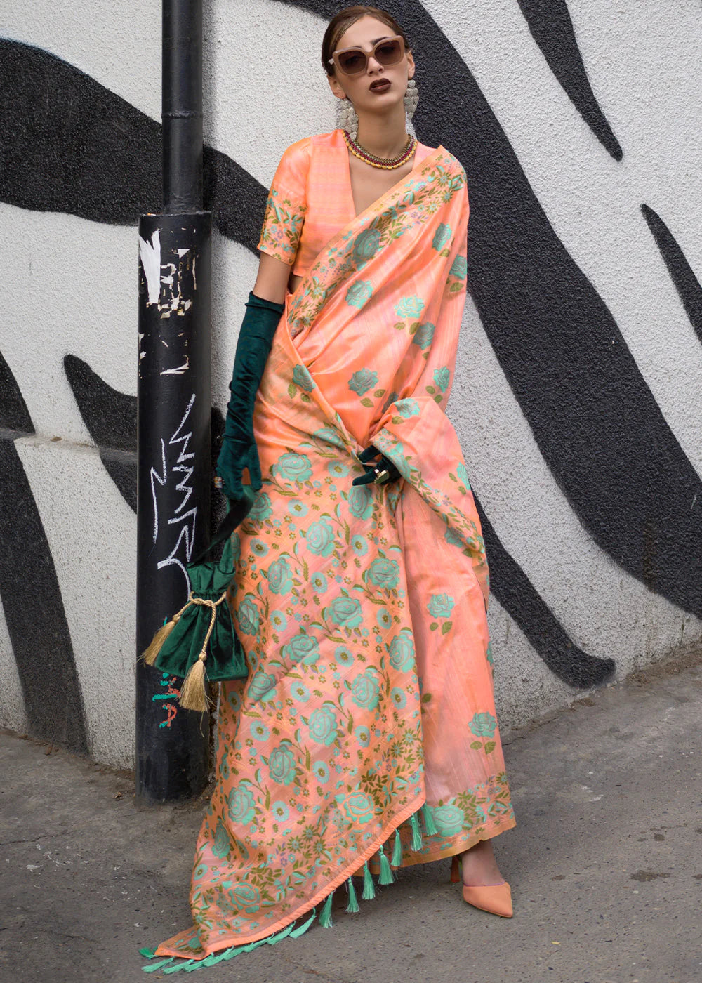 ROYAL ORANGE FLORAL PARSI WEAVING HANDLOOM SILK SAREE