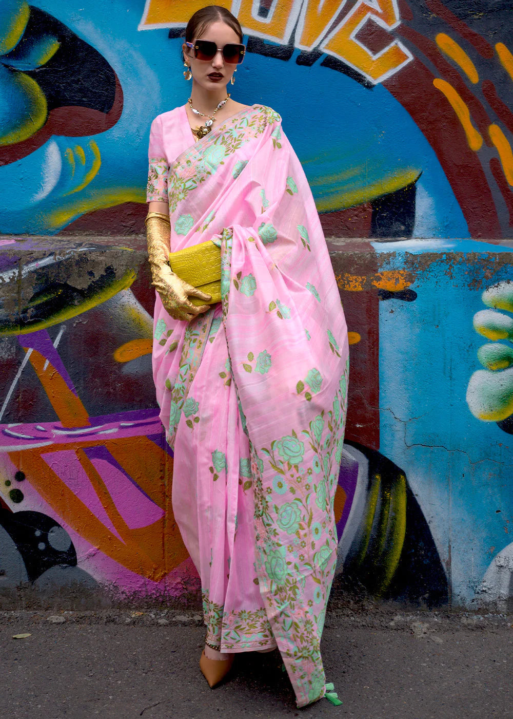 SWEET PINK FLORAL PARSI WEAVING HANDLOOM SILK SAREE