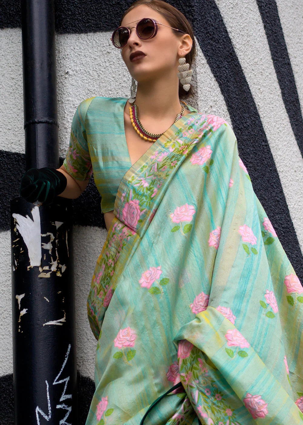 SOFT GREEN FLORAL PARSI WEAVING HANDLOOM SILK SAREE