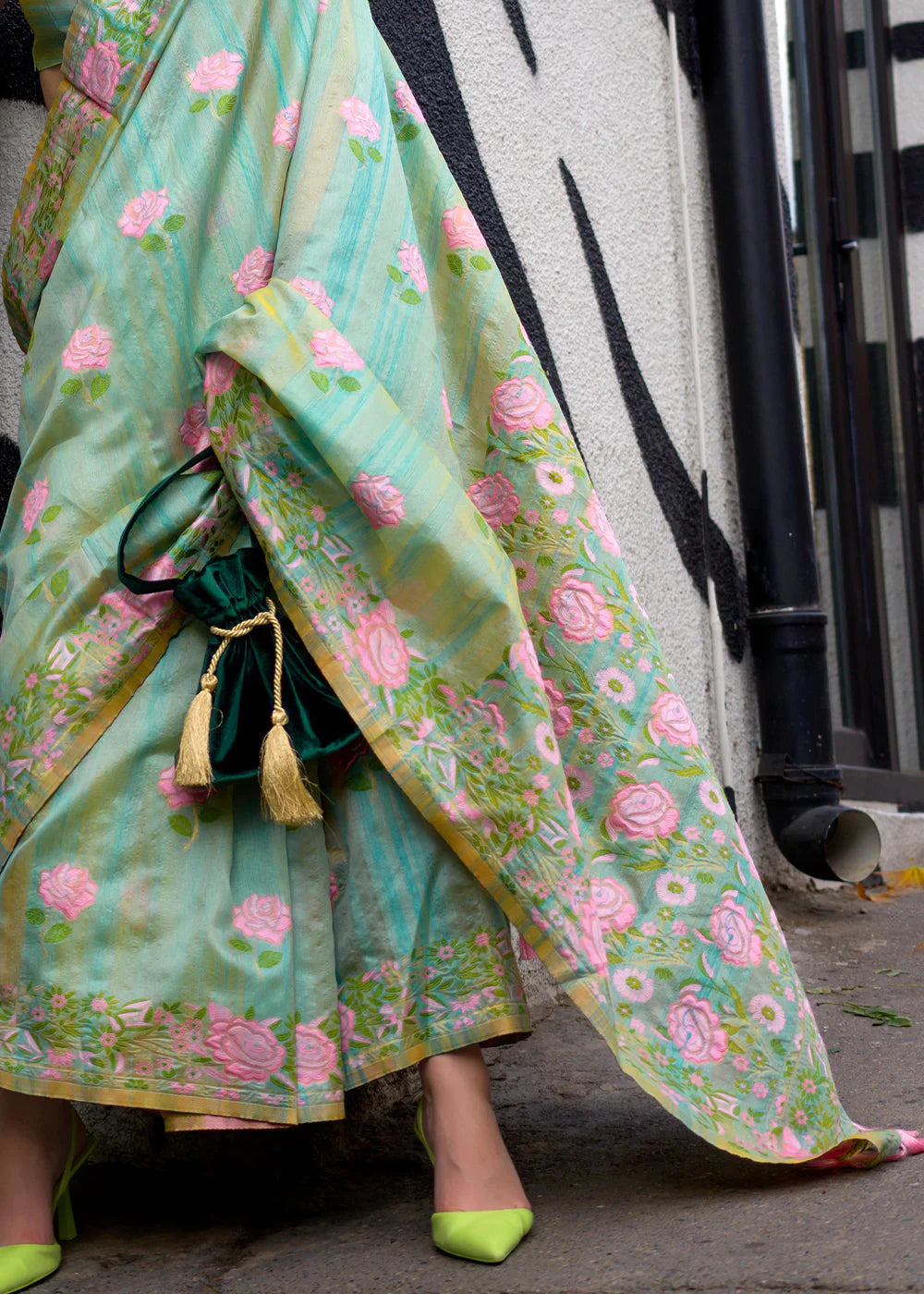 SOFT GREEN FLORAL PARSI WEAVING HANDLOOM SILK SAREE