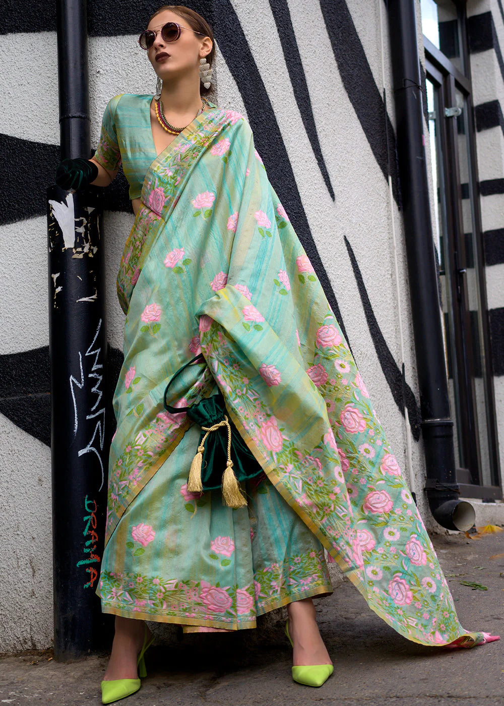 SOFT GREEN FLORAL PARSI WEAVING HANDLOOM SILK SAREE