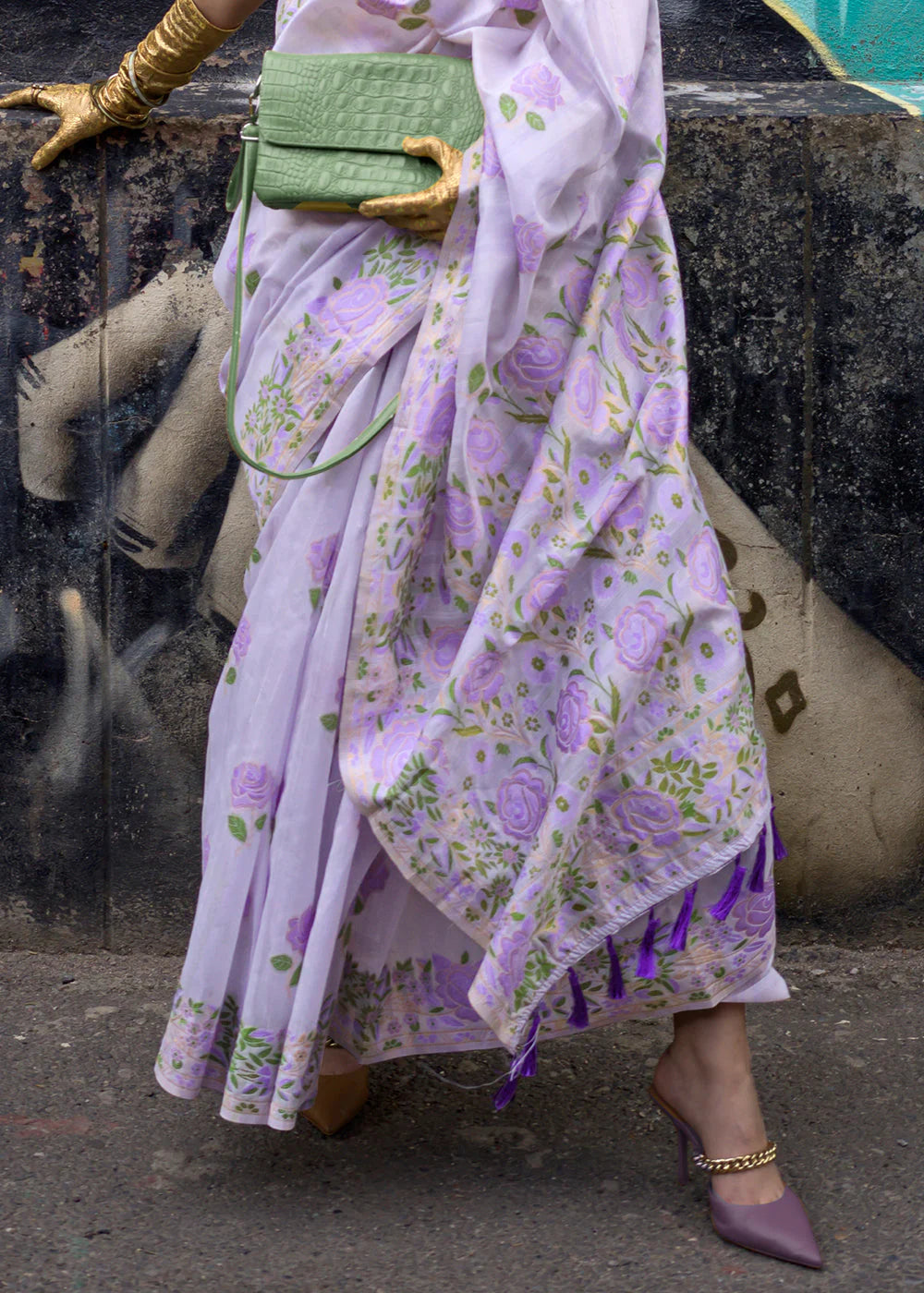 ORCHID PURPLE FLORAL PARSI WEAVING HANDLOOM SILK SAREE