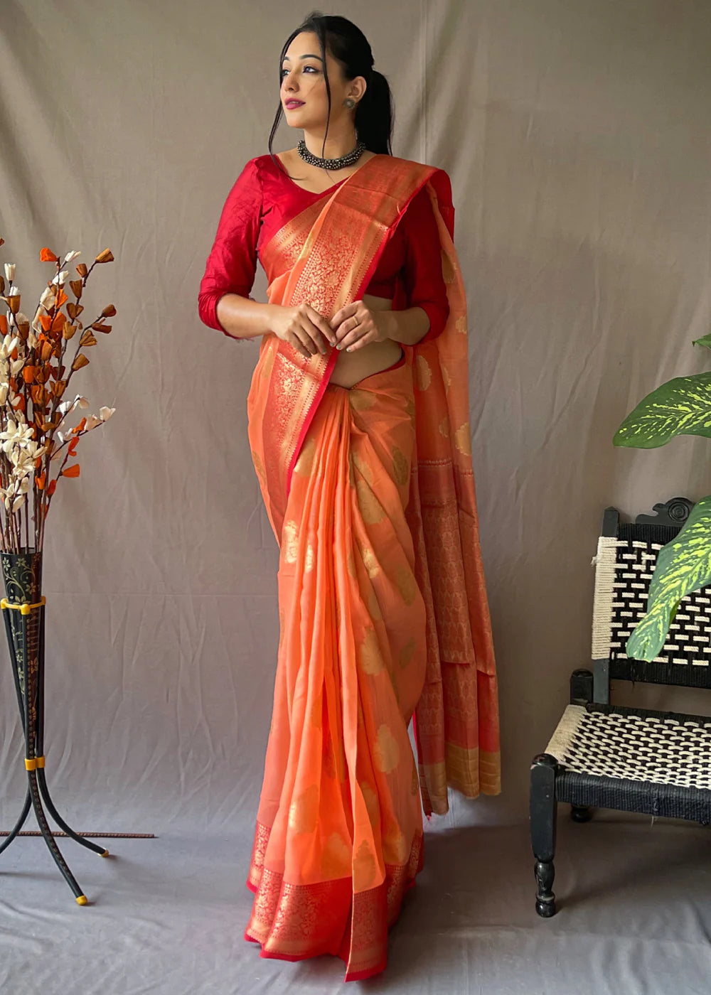 YAM ORANGE Linen  Banarasi Silk Saree