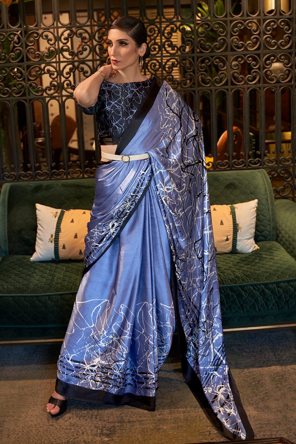 Sapphire Elegance Royal Blue Satin Print Saree