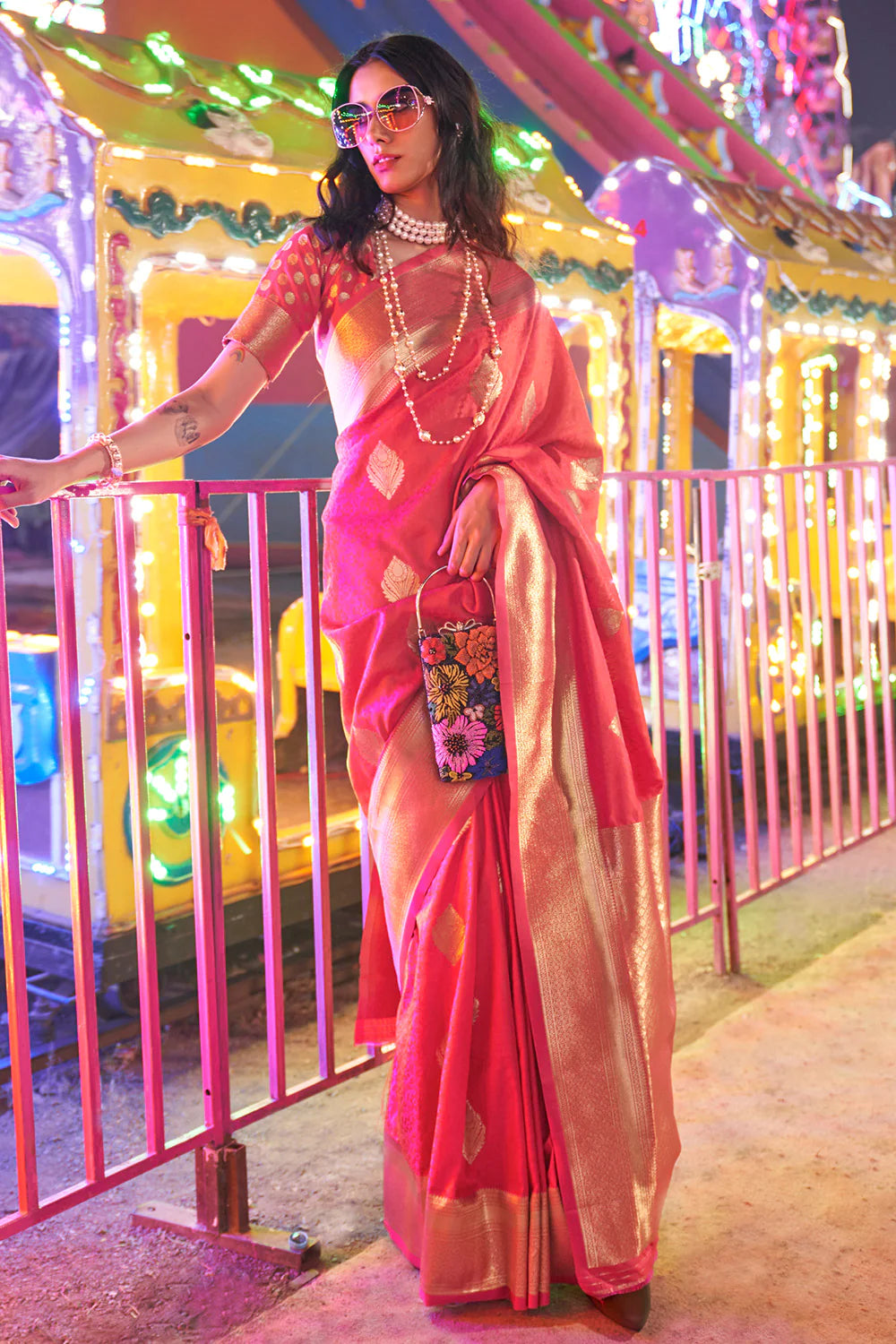 RASPBERRY RED HANDLOOM BANARSI WOVEN ART SILK SAREE