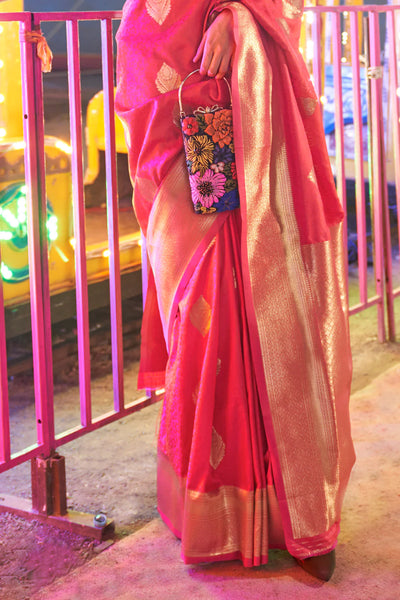 RASPBERRY RED HANDLOOM BANARSI WOVEN ART SILK SAREE