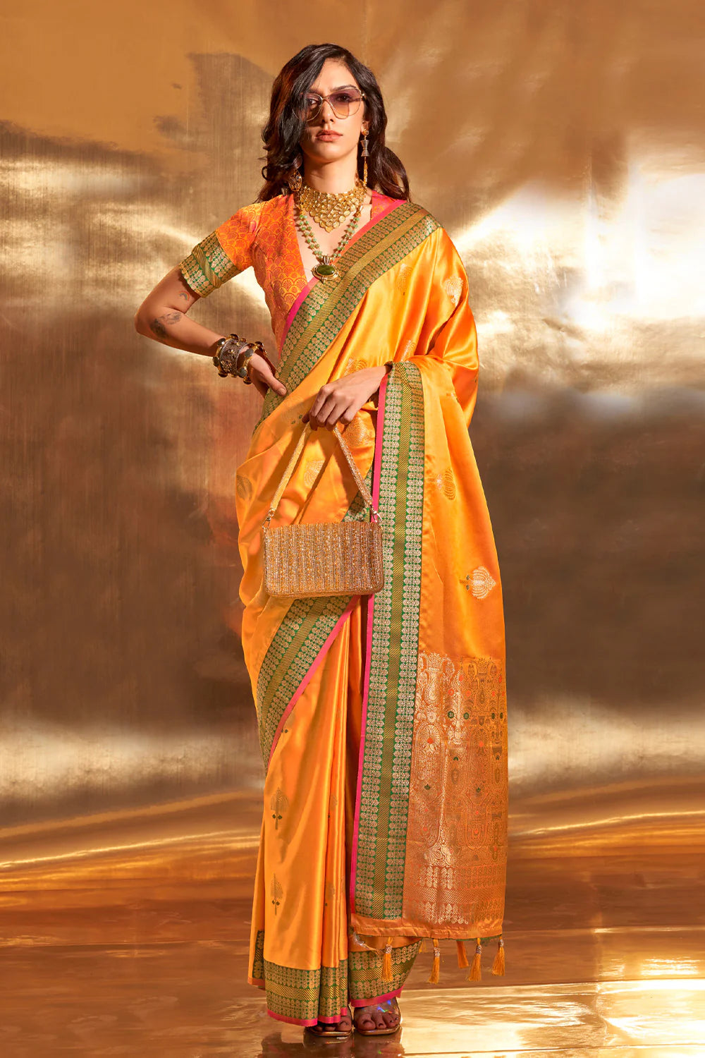 ORANGE HANDLOOM WOVEN SATIN SILK SAREE