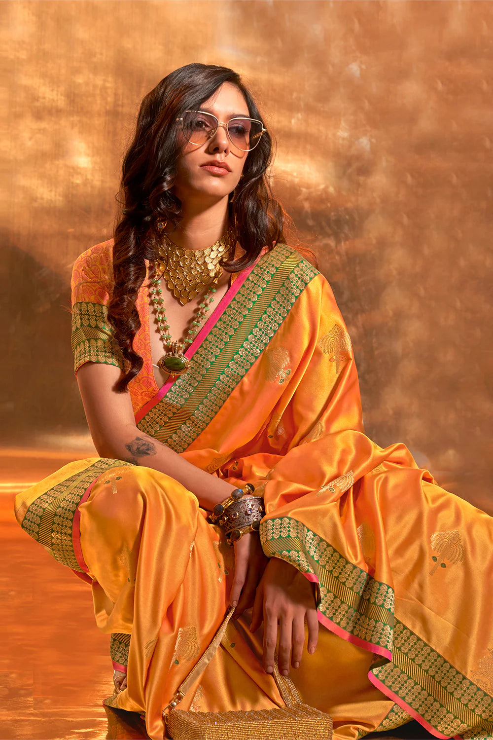 ORANGE HANDLOOM WOVEN SATIN SILK SAREE