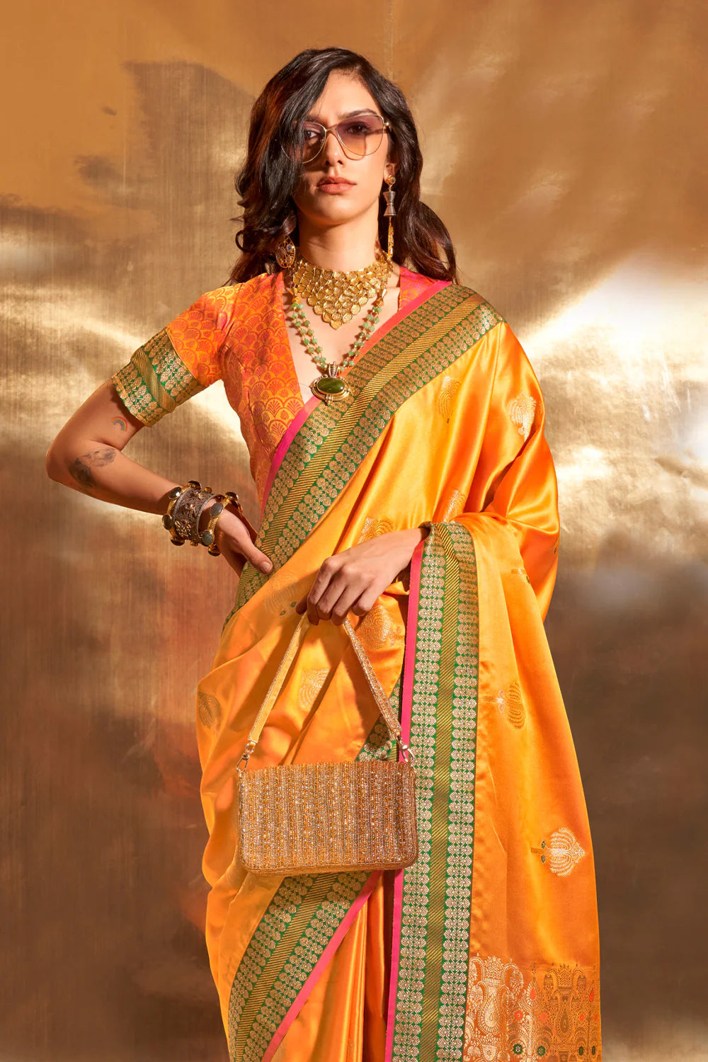 ORANGE HANDLOOM WOVEN SATIN SILK SAREE