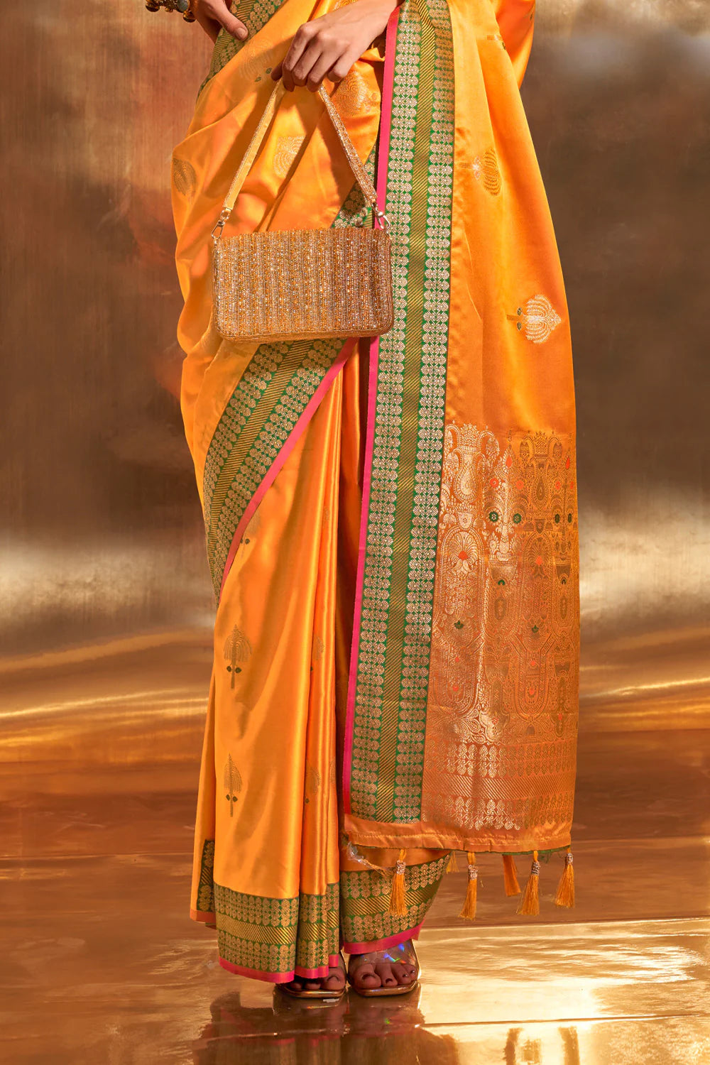 ORANGE HANDLOOM WOVEN SATIN SILK SAREE